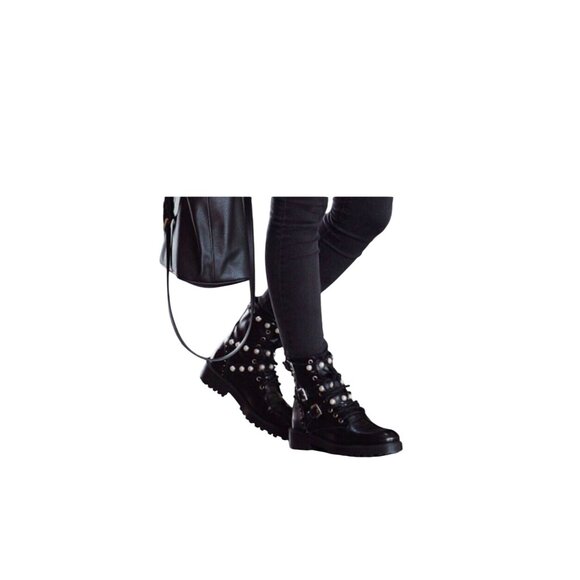 Zara Basics Pearl Studded Lace Up Chunky Boots Size 41 Y2K Goth Steampunk Grunge - Picture 2 of 9